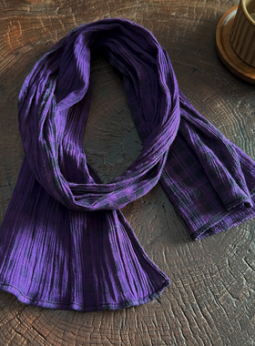 优雅深紫色围巾女棉麻格子双面装饰护颈夏季1米小尺寸颈巾细窄长