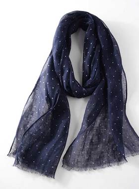 私家定制优雅法式波点纯亚麻围巾秋冬休闲百搭深藏青波点丝巾