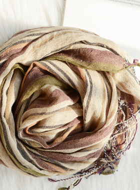 卡贝伊人亚麻围巾女夏季超薄款文艺百搭棉麻个性条纹法国男丝巾