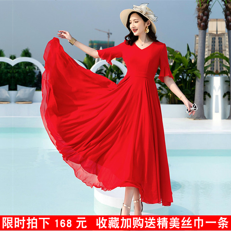 新款沙滩红色大摆超长雪纺连衣裙