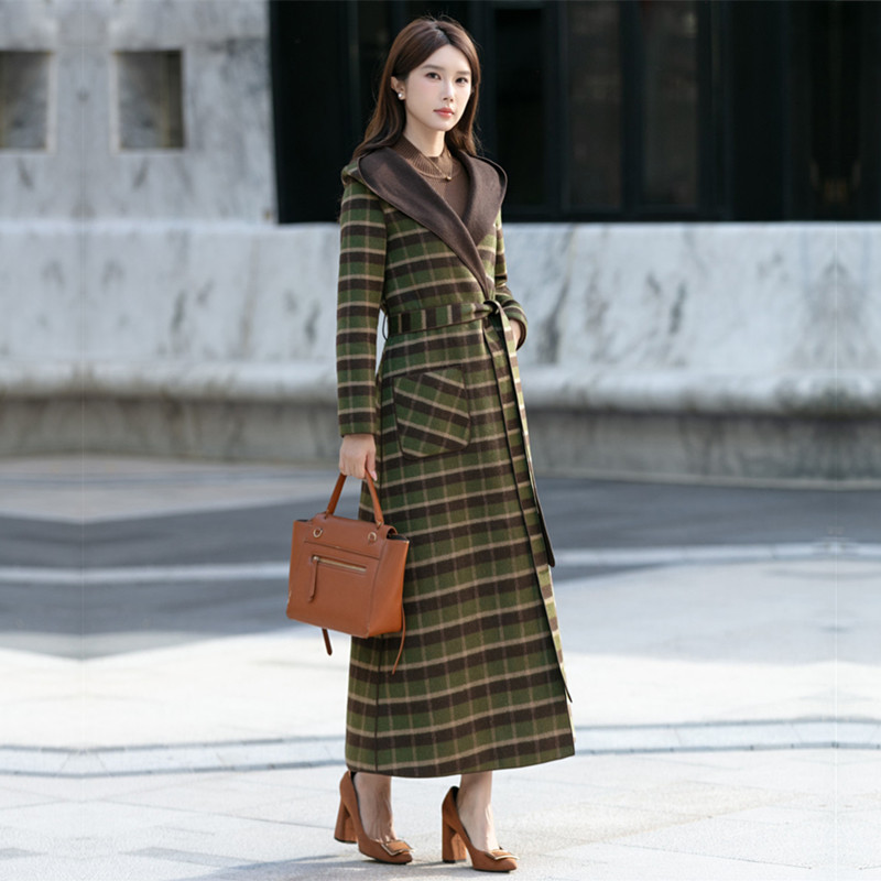 格子连帽双面羊绒大衣女长款2025秋冬新款斗篷羊毛呢外套过膝超长