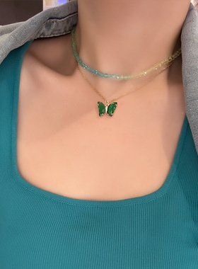 双层高级感蝴蝶渐变法式锁骨链