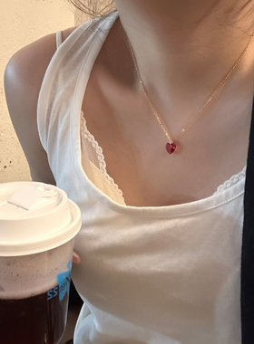 甜美红色爱心吊坠项链春季锁骨链