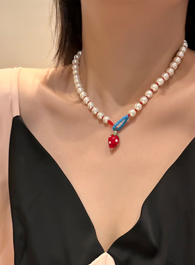 夏季甜美可爱红色草莓珍珠项链