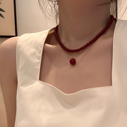 复古高级感安可拉红串珠百搭项链女秋冬颈链双层叠戴锁骨链卫衣链