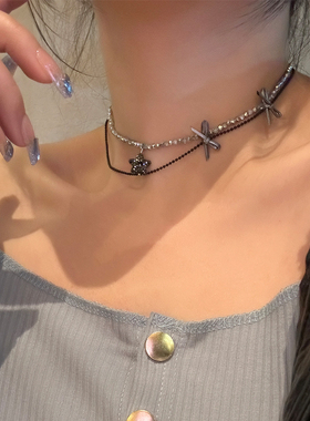 小众甜酷蝴蝶结黑色星星双层项链