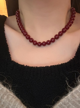 新中式红色珍珠串珠项链气质显白