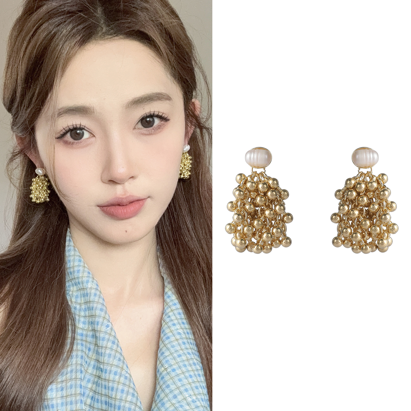 欧美风天然珍珠金属串珠流苏耳环