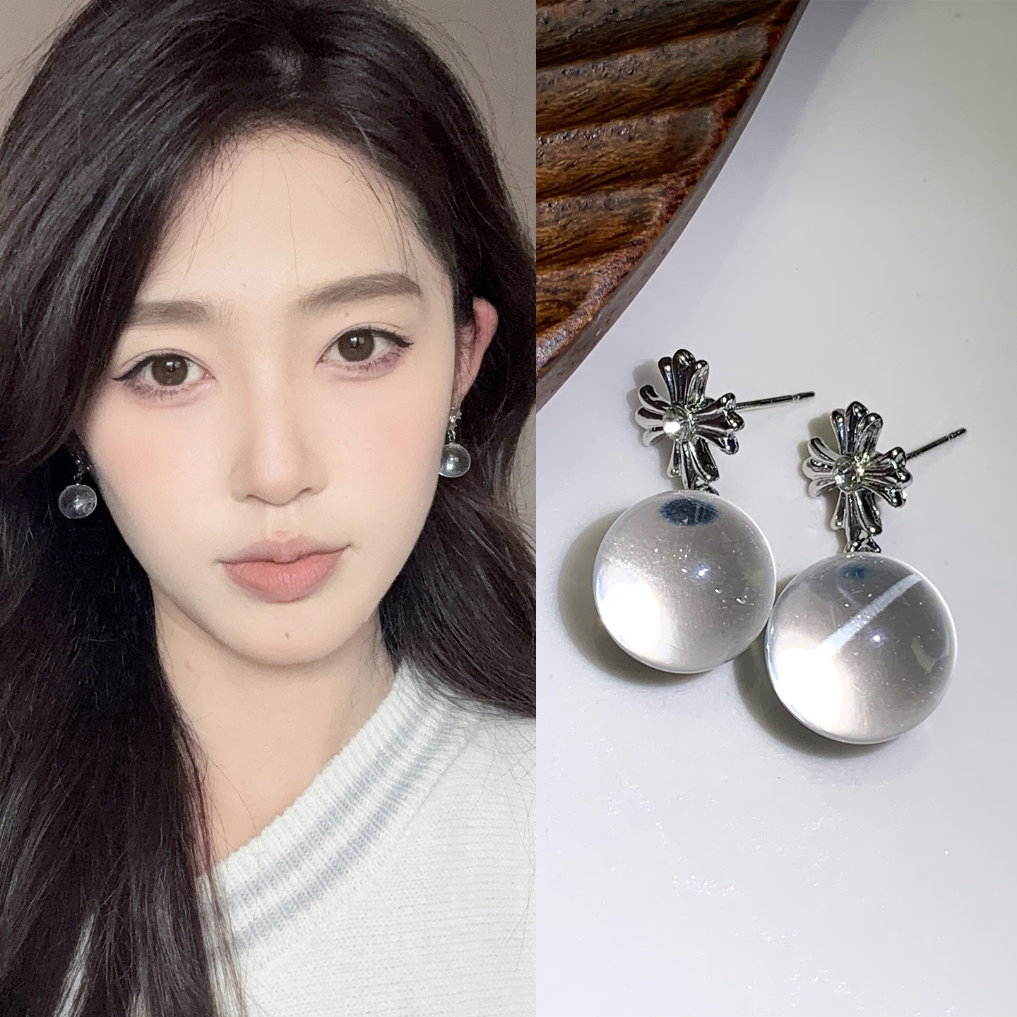 个性冷淡风鸢尾十字透明圆球耳环