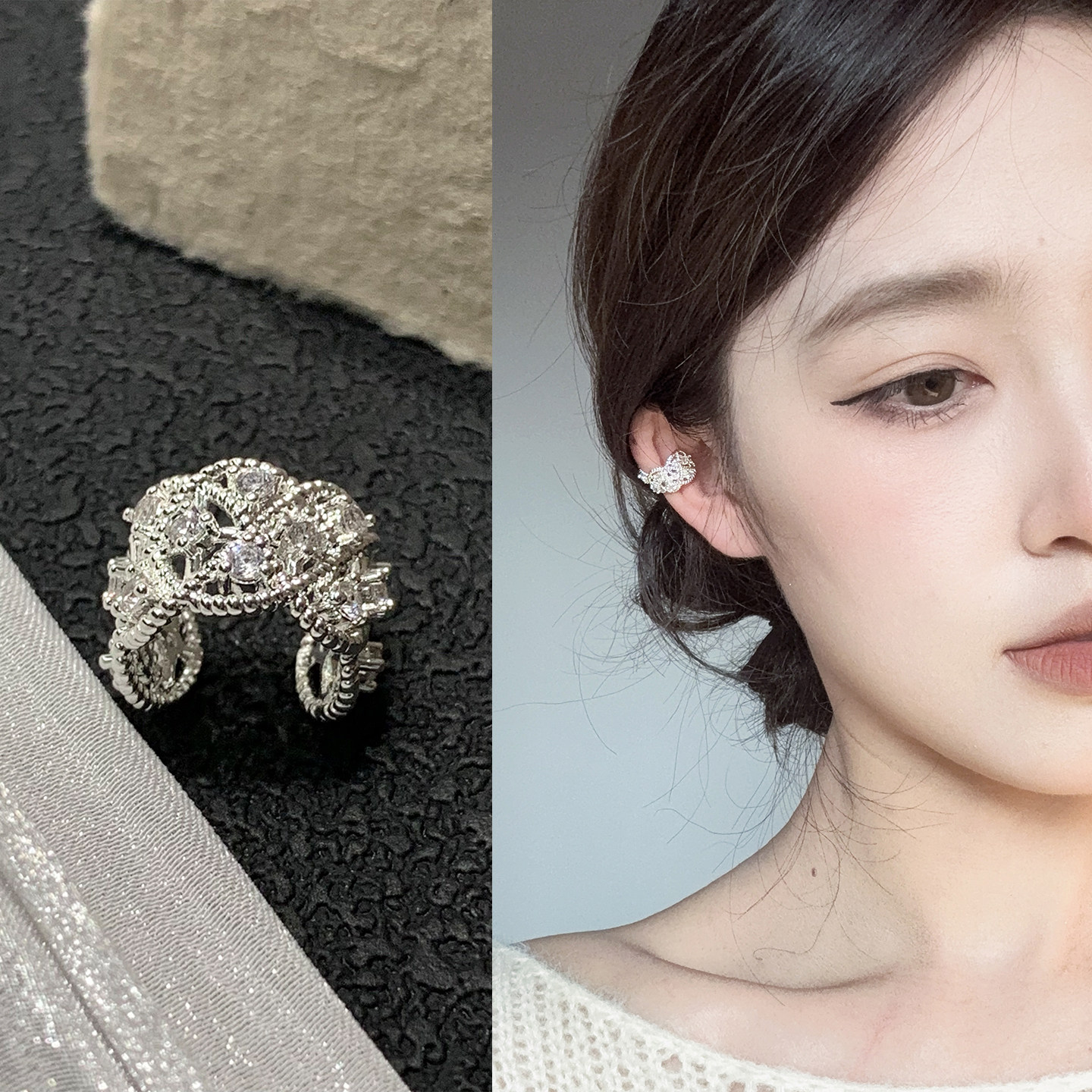 复古宫廷风镂空蕾丝耳夹女高级感冷淡风银色无耳洞耳骨夹百搭耳饰