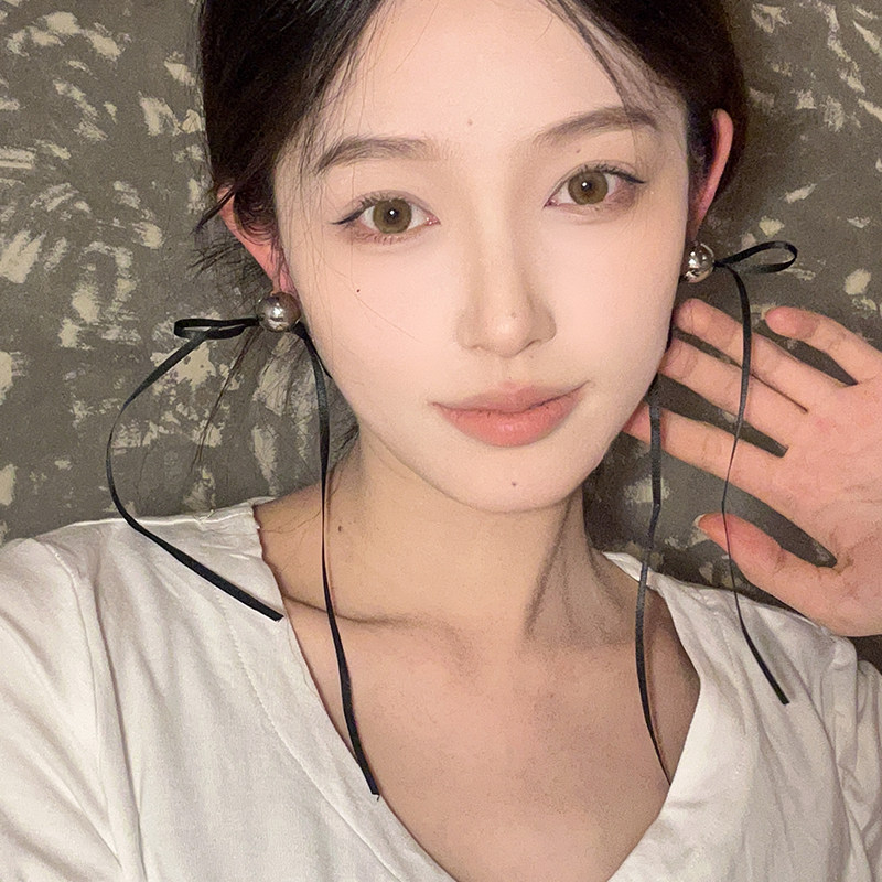 芭蕾风气质超长黑色蝴蝶结流苏耳环女个性小众设计感长款飘带耳饰