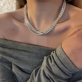 个性 小众设计ins三层银色金属球球项链高级感叠戴重工锁骨链颈链