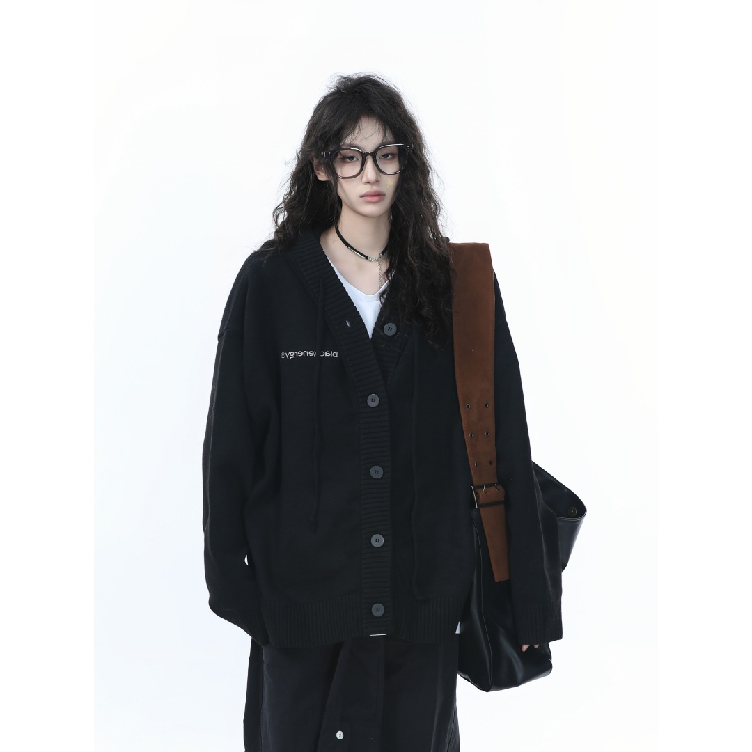 美式复古慵懒风黑色刺绣针织衫外套男女秋冬季高级感宽松开衫毛衣