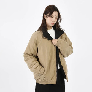 秋冬卡其色撞色翻领刺绣复古夹棉工装立领桃皮绒棉服外套