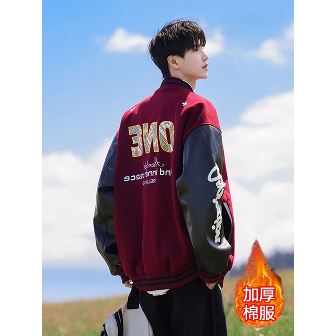 PU拼皮棒球棉服男生秋冬季重工字母刺绣学院风夹克街头潮棉衣外套
