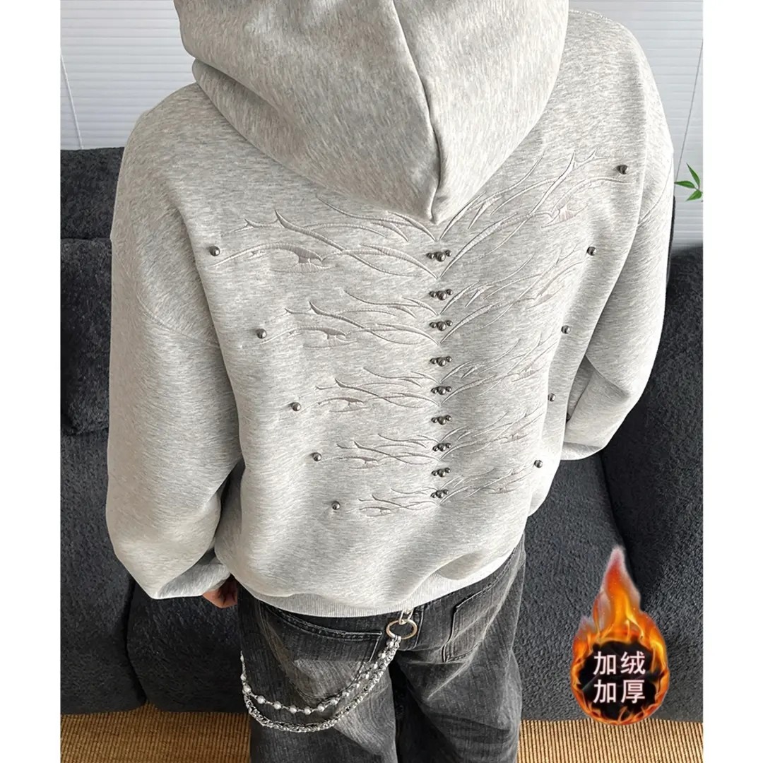 小众灰色刺绣金属铆钉连帽卫衣男生秋冬季加绒美式cleanfit外套潮