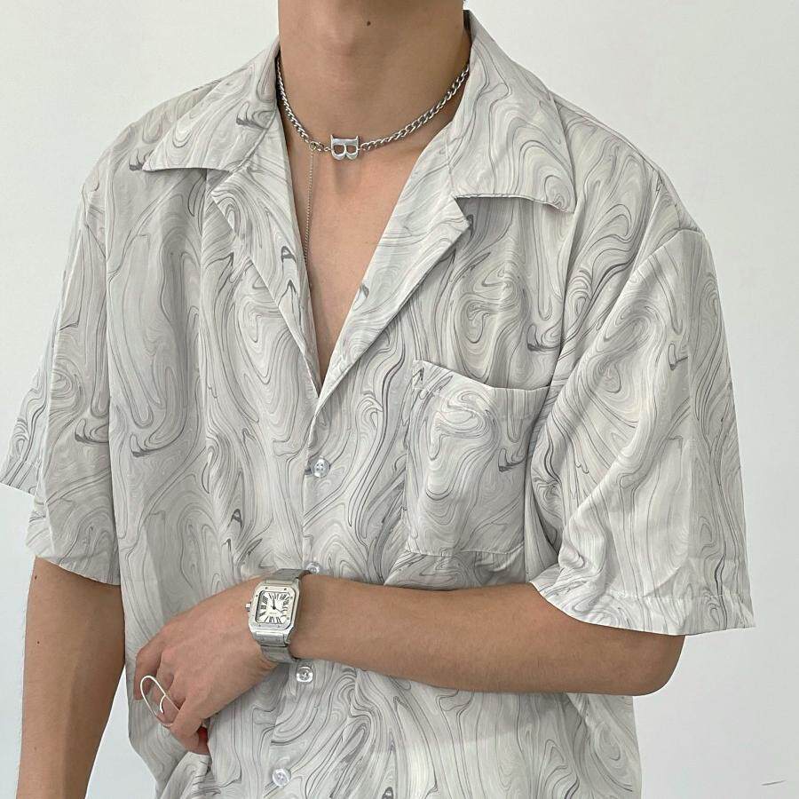 夏季冰丝短袖衬衫男vintage波浪纹宽松休闲沙滩古着感古巴领衬衣