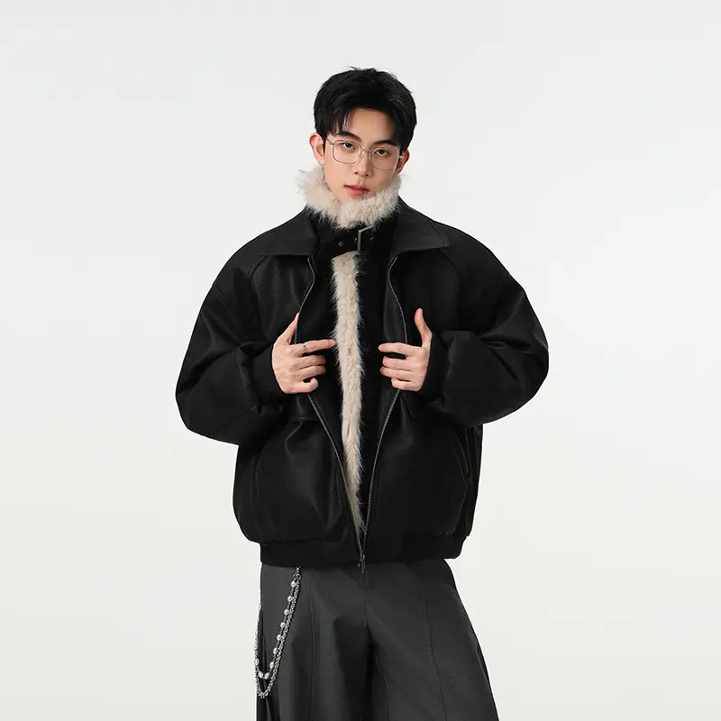 假两件PU皮棉服男款美式潮牌复古加厚毛领拼接冬季座山雕棉衣外套