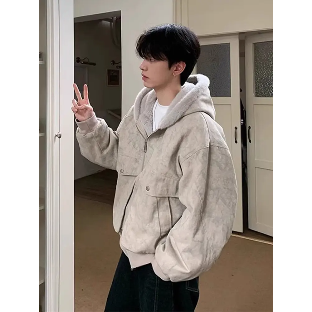 加绒加厚连帽棉服男短款冬季复古cleanfit大理石座山雕外套