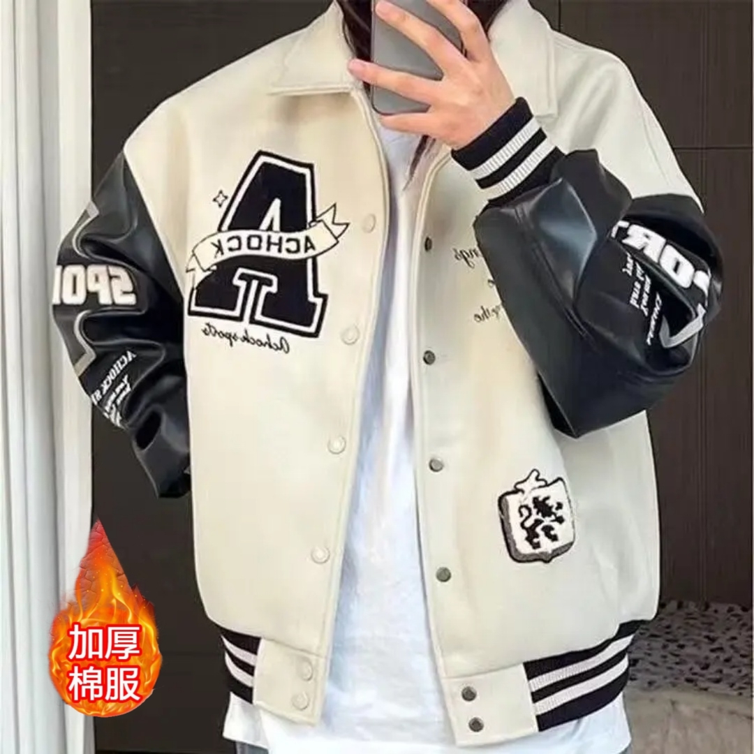 秋冬季加厚棒球棉服外套男女款cleanfit美式高街PU皮拼接潮牌棉衣