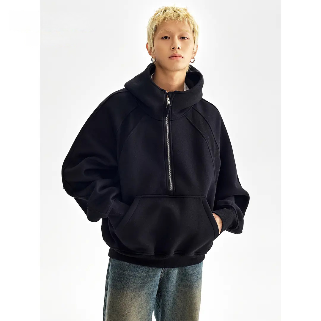 美式高街解构秋季半拉链连帽卫衣cleanfit风外套