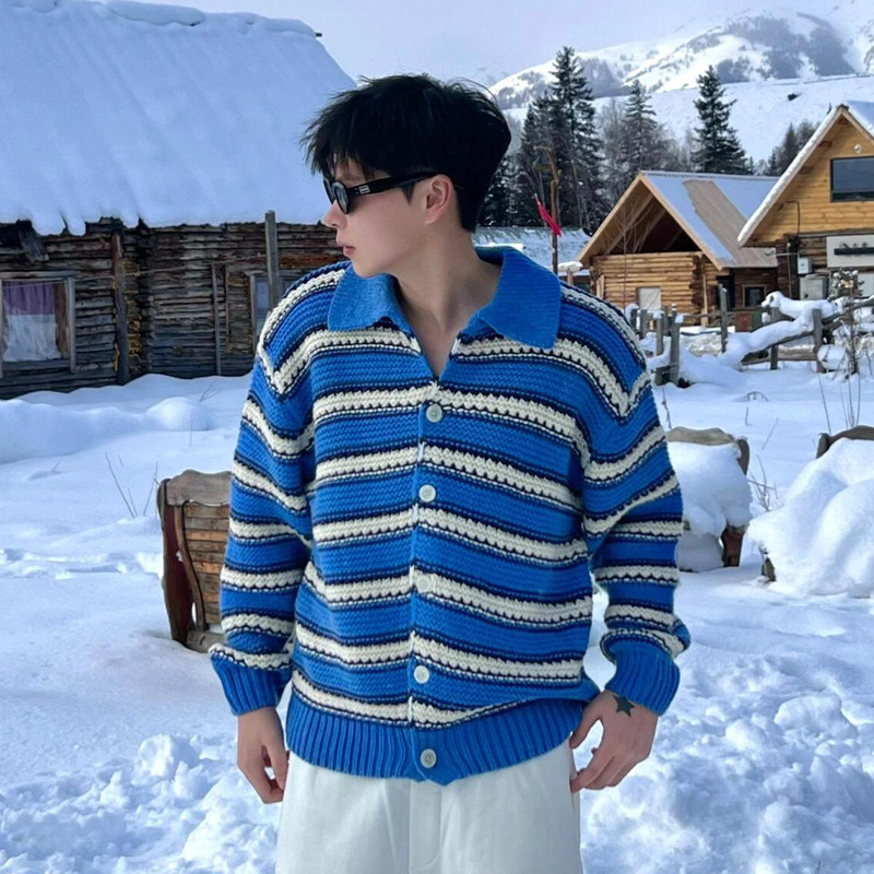 蓝色条纹撞色翻领针织衫男款韩系拼接慵懒风开衫宽松外穿毛衣外套