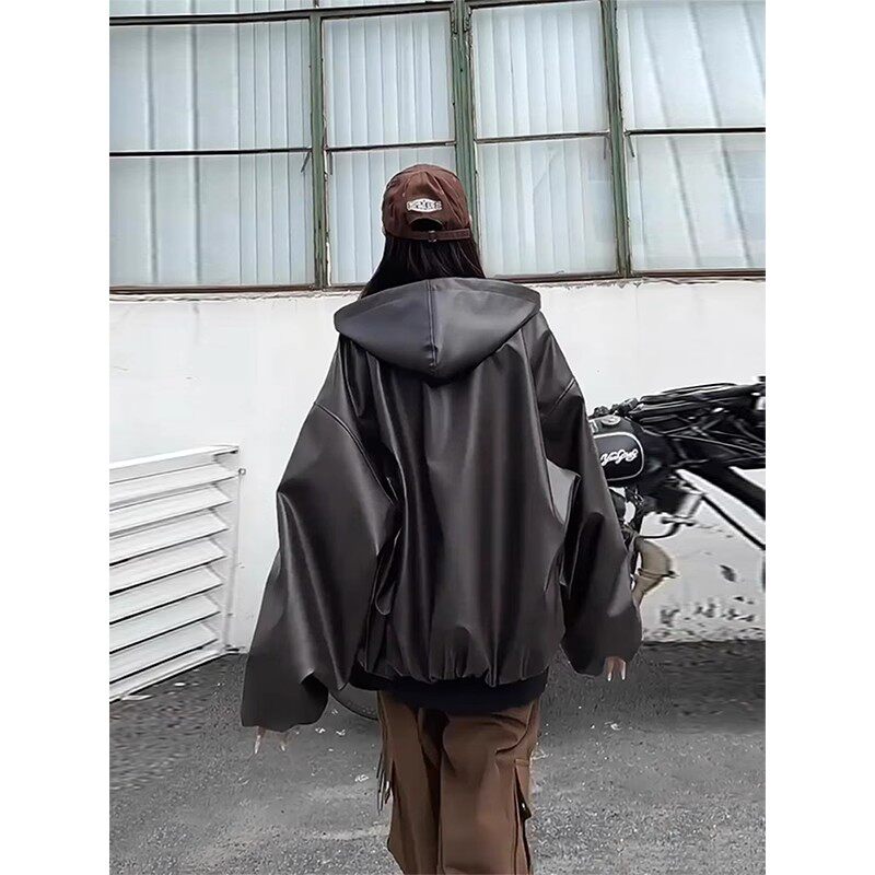 美式复古连帽皮衣外套男春秋款痞帅高级感机车服潮牌PU皮卫衣夹克