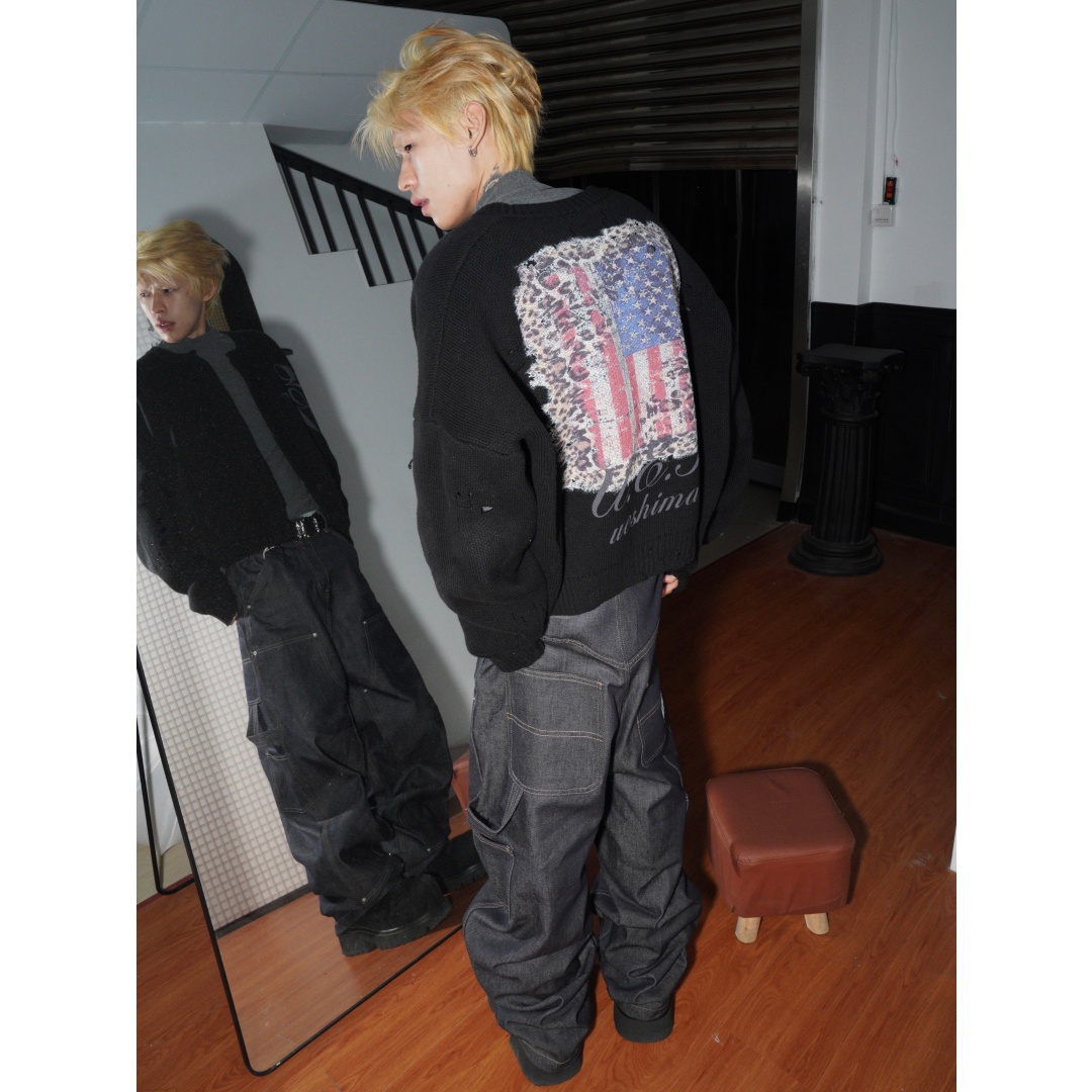 秋冬季豹纹海军蓝旗帜开衫毛衣男女美式破洞设计感保暖针织衫外套