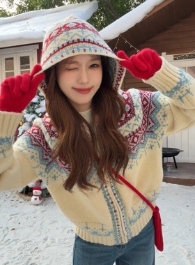 【北欧雪夜②】韩版撞色花纹慵懒氛围感针织连帽毛衣外套4382