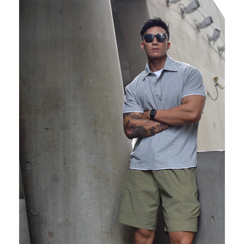 灰色假两件正肩polo衫短袖男夏季美式硬汉风修身T恤重磅硬挺半袖