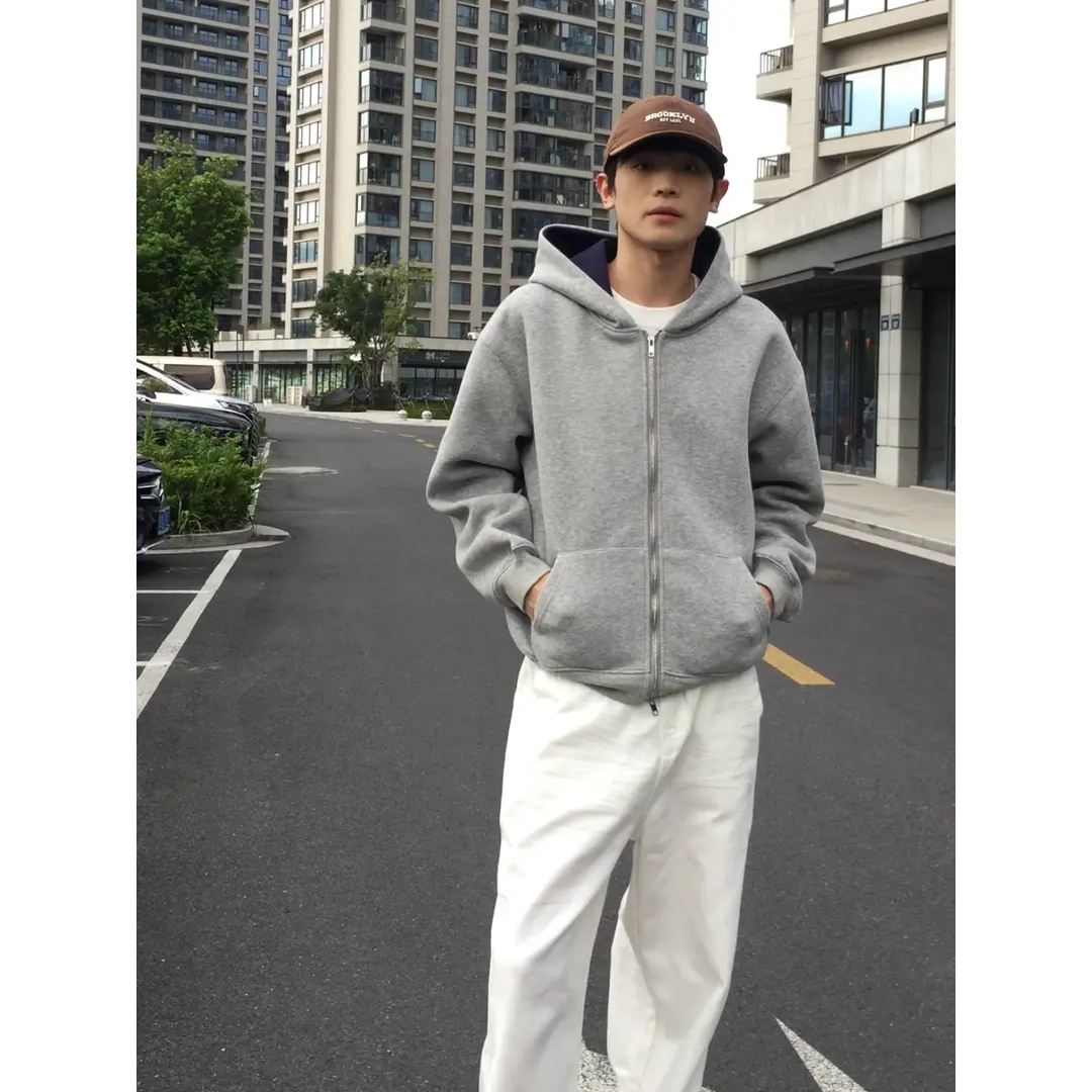 重磅纯色连帽开衫卫衣双面穿外套男女同款复古潮流百搭短款上衣