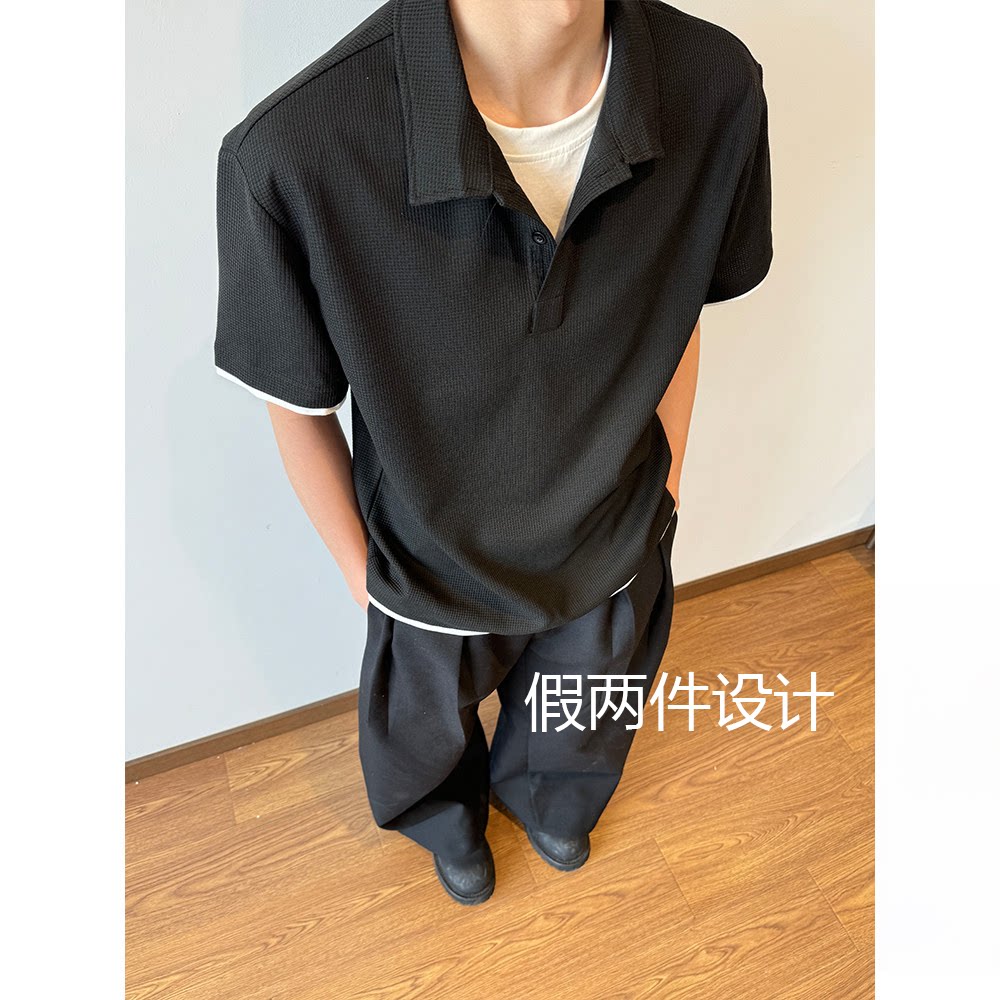 夏季假两件POLO衫短袖休闲高级百搭翻领T恤复古百搭松弛感上衣