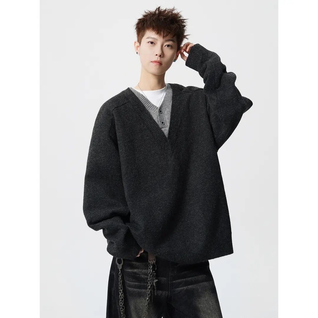 秋冬季男女同款假两件设计感针织衫老钱风复古V领毛衣外套上衣