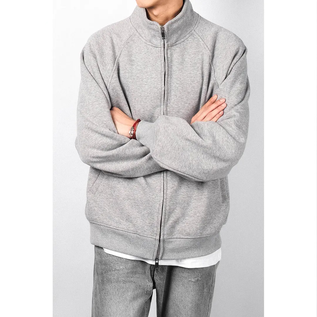 美式宽松Cleanfit黑灰纯色立领双拉链开衫卫衣外套男潮流