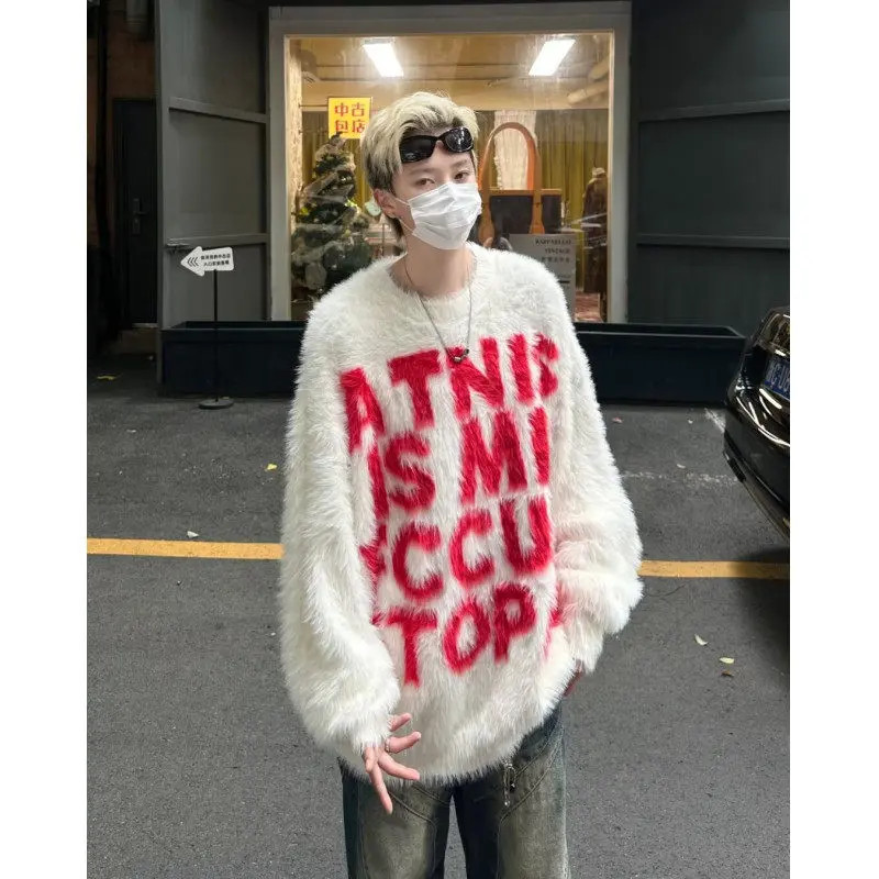 美式高街字母提花圆领毛衣男生秋冬季保暖潮牌百搭潮流设计感外套