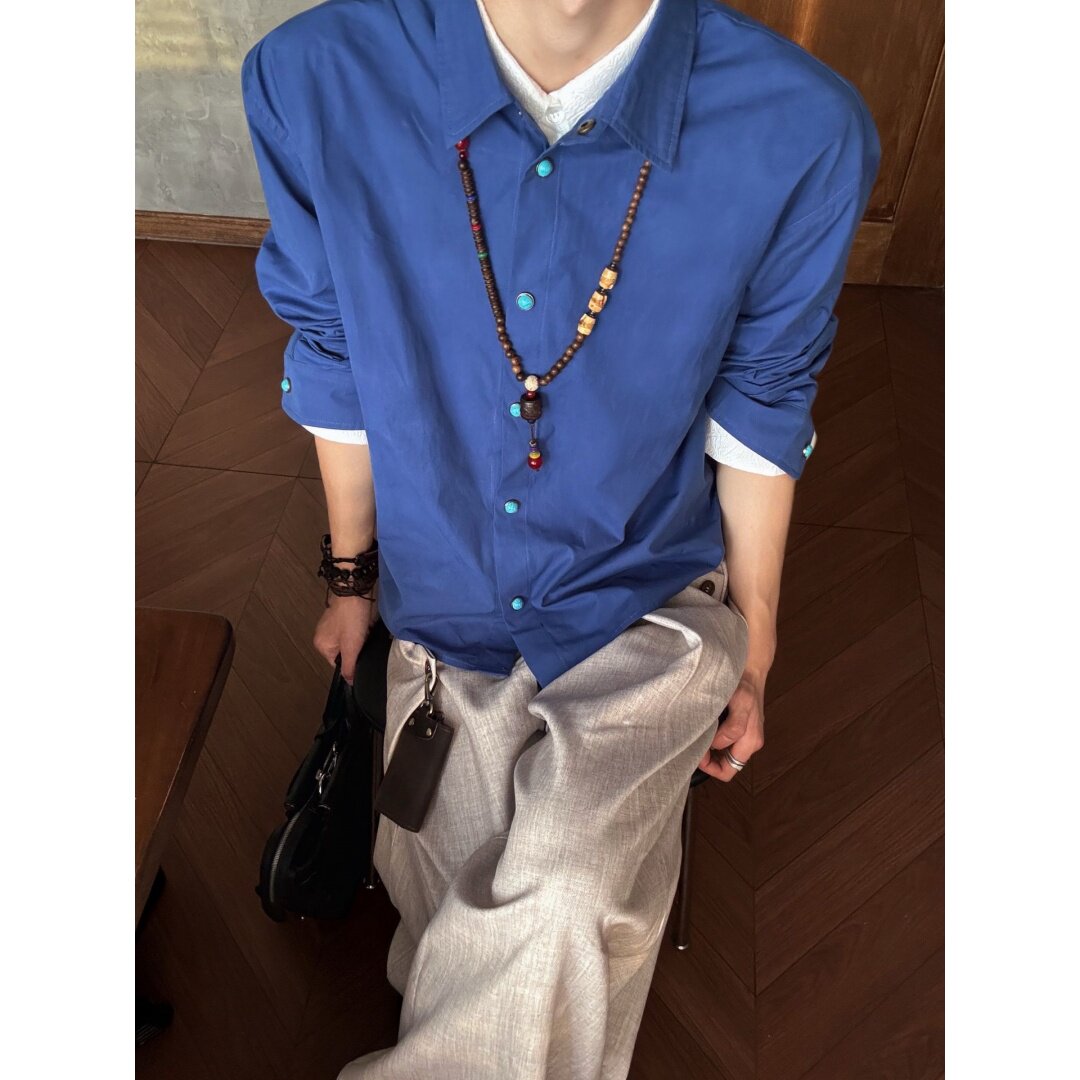 克莱茵蓝绿松石按扣衬衫男春秋季潮牌痞帅风韩系长袖衬衣休闲外套