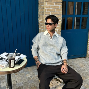 「老钱风 假两件」重磅粗针polo领毛衣男款秋冬季慵懒风翻领针织