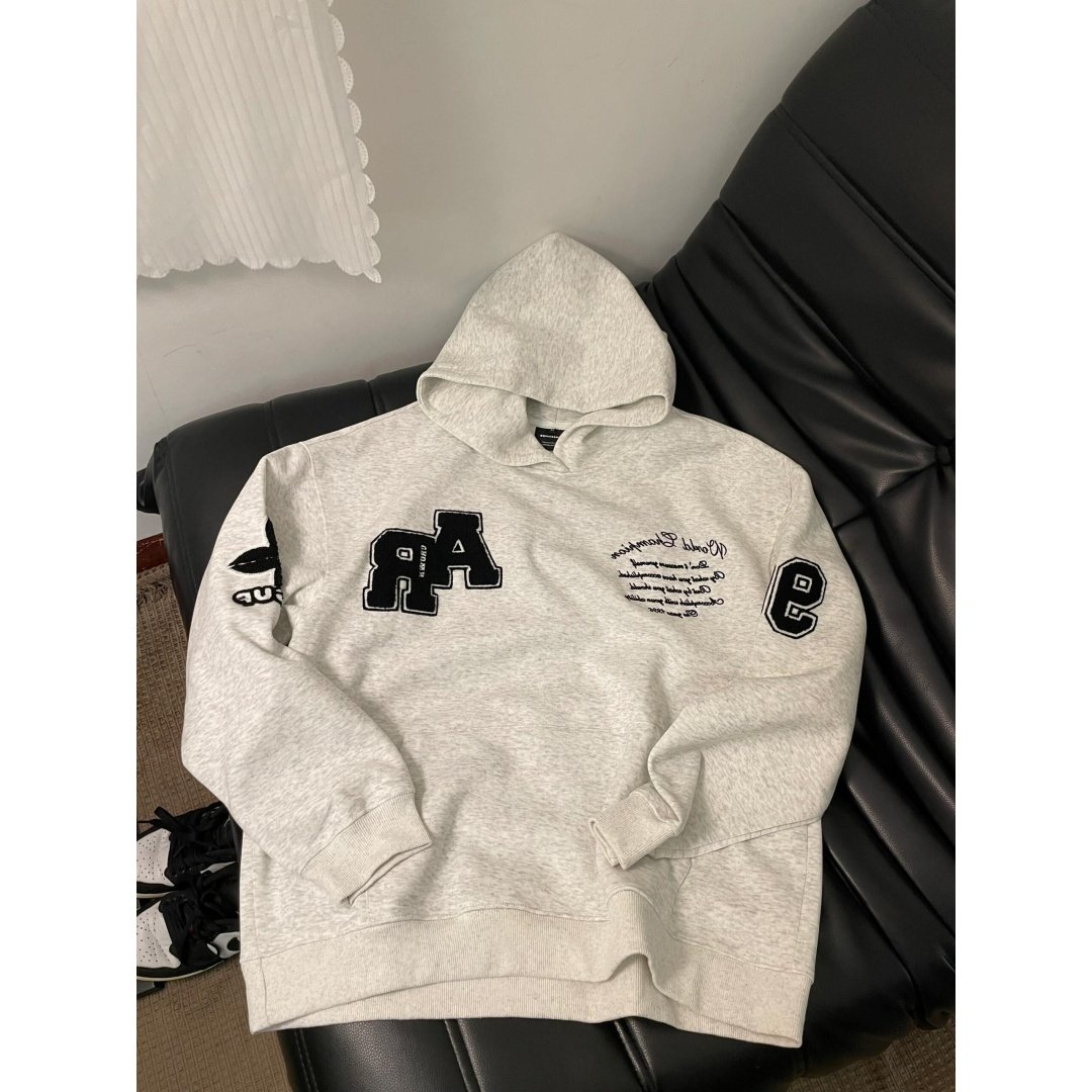 美式复古字母植绒刺绣连帽卫衣女秋季学院风宽松显瘦情侣外套上衣