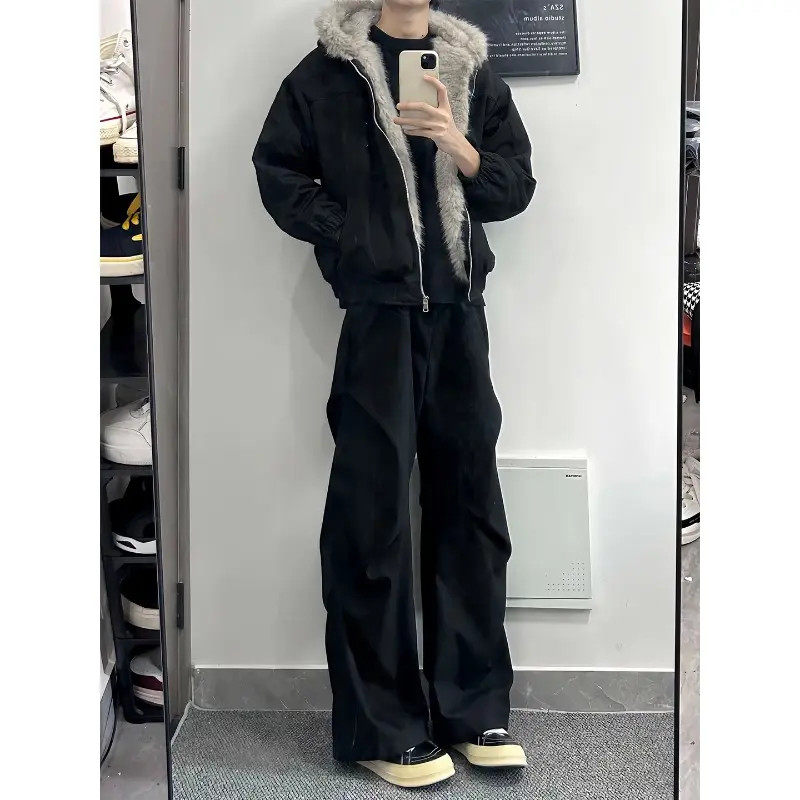 cleanfit黑色微喇褶皱西裤男秋冬款加绒加厚裤子垂感休闲阔腿长裤