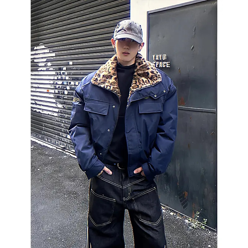 藏青色美式复古重磅立领座山雕棉服男款冬季加绒加厚豹纹棉衣夹克