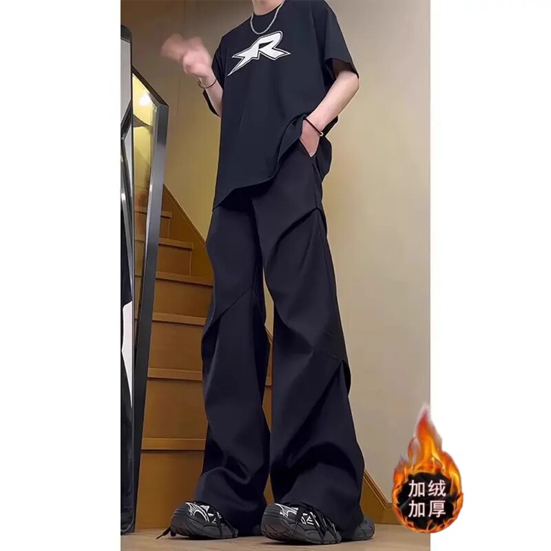 cleanfit裤子男款秋冬季加绒直筒褶皱阔腿西裤高街美式vibe微喇裤