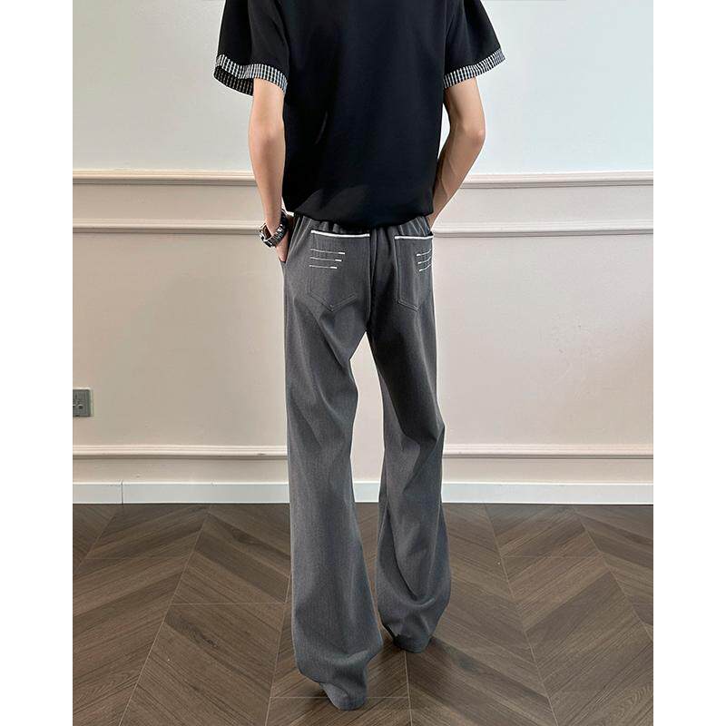 灰色四线刺绣男士直筒西裤夏季cleanfit垂感裤子青少年显瘦休闲裤