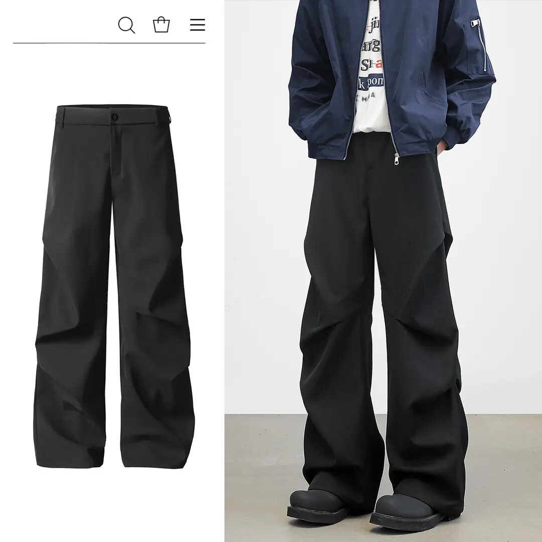 秋冬美式宽松微喇垂感休闲裤黑色褶皱西裤男加绒加厚