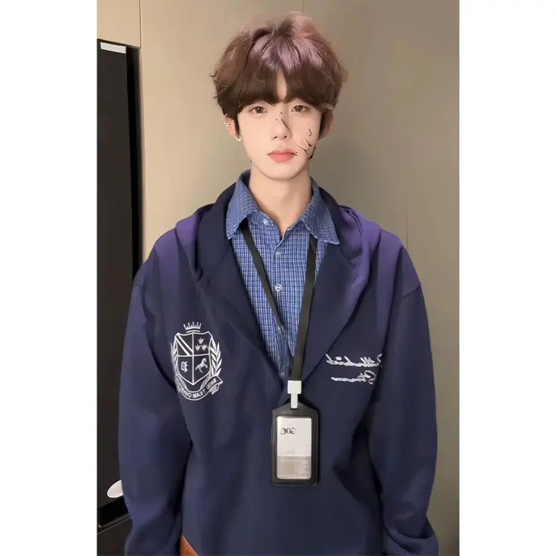 假两件miu系大V领格子卫衣男秋季学院风复古连帽衬衫美式情侣外套