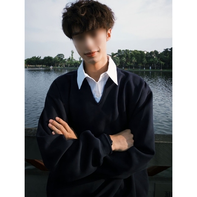 藏青色美式复古假两件V领卫衣男款秋季cleanfit学院风高级感外套