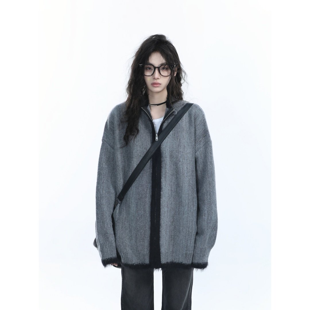 美式复古高级感拉链针织衫外套男女款慵懒风宽松拼色翻领开衫毛衣