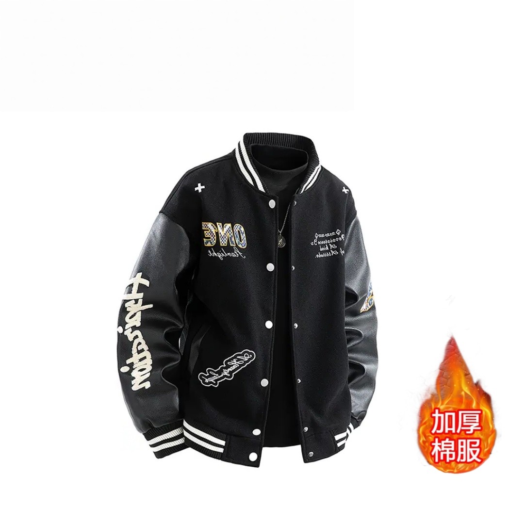 潮流美式棒球棉服男士夹克秋冬季刺绣精致韩系撞色男款棉衣外套潮