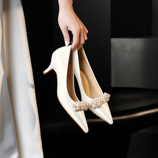 Lusen绝美婚鞋高级感法式白色缎面新娘婚纱高跟鞋不累脚日常可穿