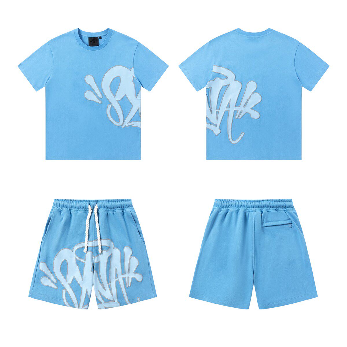 아름다운 SYNA FOAM 편지 인쇄 드릴 스타일 남성과 여성 캐주얼 루즈 라운드 넥 반팔 티셔츠 반바지 정장