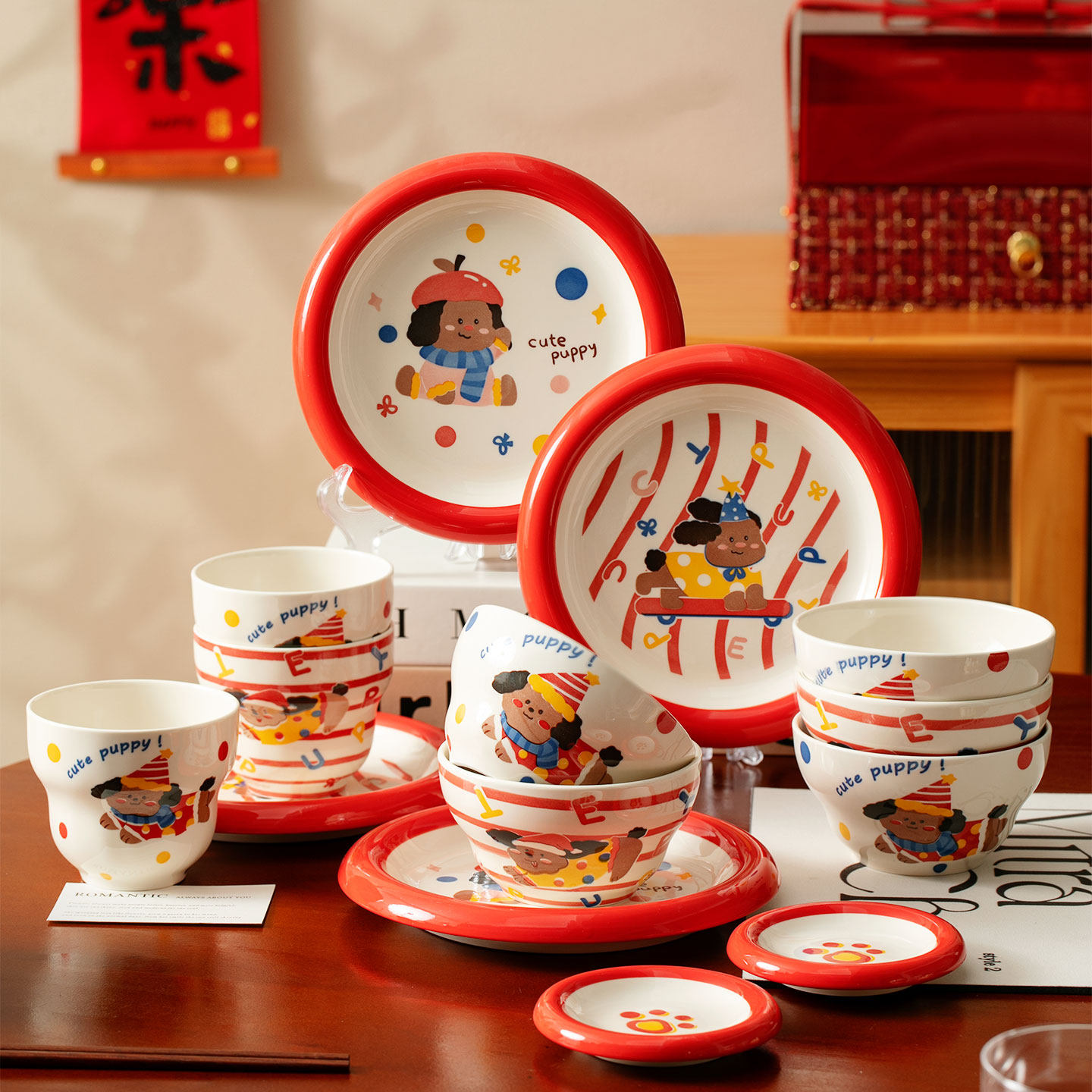 釉下彩奶白小狗系列卡通碗盘家用餐具组合创意实用陶瓷餐具,餐饮具,碗,淘宝优惠券,粉丝福利购,淘宝优惠卷